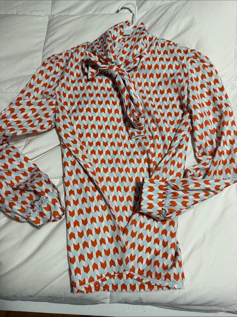 SHEIN White and Orange Geometric Bow Tie Blouse